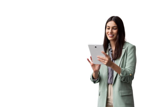 Professional businesswoman confidently working on digital tablet, radiating success in corporate environment with modern technology