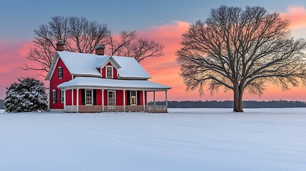 A red house covered in snow at dawn.