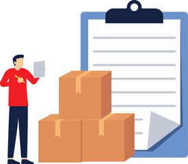 Inventory control system concept, professional manager checking inventory and stock of goods, inventory management with goods request. control of incoming and outgoing goods. Flat vector illustration.