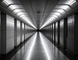 Long corridor with bright lights reflecting on shiny floor