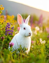Peaceful White Bunny Sitting in a Vibrant Flower Field