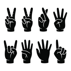 A set of 8 hand gesture silhouettes in black fill - peace sign, fist, open palm, etc., no text, white background.