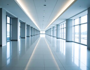 Empty modern office corridor with shiny floor reflecting light