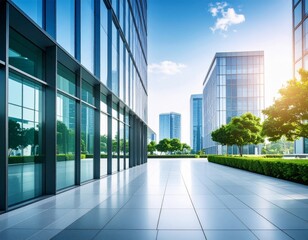 Modern glass skyscrapers reflecting surrounding trees in business district
