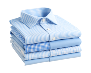 Stack of folded light blue dress shirts isolated on transparent background