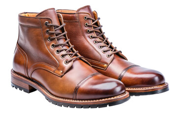 Classic brown leather cap toe lace up ankle boots for men isolated on transparent background