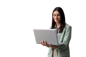 Smiling young businesswoman holding a laptop, showcasing confidence and professionalism against a transparent background