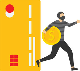 thief with dark black robbery walking with big bag with dollar sign money sign from credit card online payment. Credit card online hacking, online hacking or financial robbery concept.

