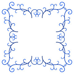 Lacy square blue frame with place for text. Curved intertwined lines and curls. Elegance winter design element of curved lines. Refine christmas decor. Frost patterns on the window in shades of blue