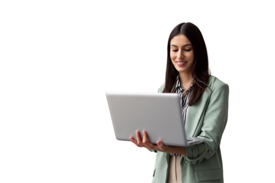 Smiling young businesswoman holding a laptop, showcasing confidence and professionalism against a transparent background