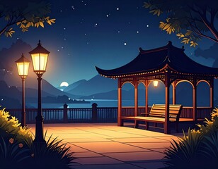Tranquil asian gazebo overlooking moonlit lake at night