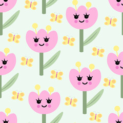 Cute kawaii flowers with butterfly seamless pattern for kids. Vector Illustration for printing, backgrounds, covers and packaging. Image can be used for greeting cards, posters and textile.