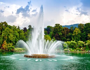 Fototapeta premium Majestic fountain in a park by a lake
