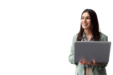 Professional businesswoman smiling, carrying laptop, glancing sideways on transparent backdrop