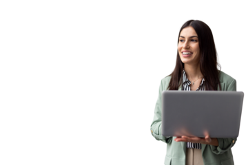 Professional businesswoman smiling, carrying laptop, glancing sideways on transparent backdrop