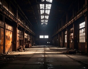 Sunlight entering abandoned industrial building through skylights and windows