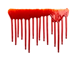 Bright red viscous liquid dripping down isolated on transparent background