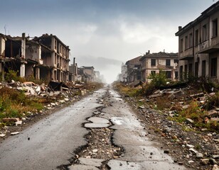 Damaged road leading to abandoned town after war