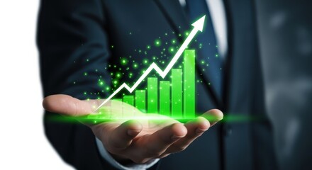 Hand showing a glowing green bar graph with upward trend