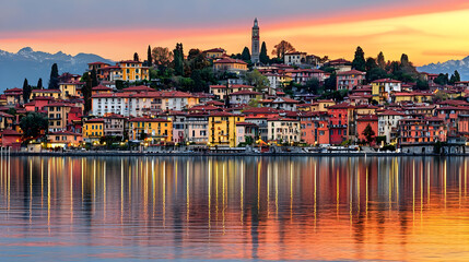 Colorful Italian Town at Sunset Reflecting on Lake