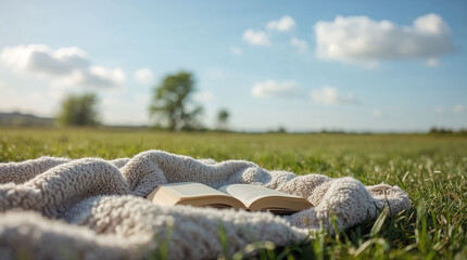Open book resting on blanket in sunny field with blue sky  