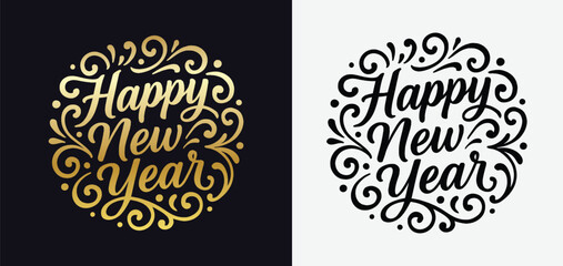  Festive Happy New Year SVG Design with Fireworks, Champagne, and Decorative Typography Elements