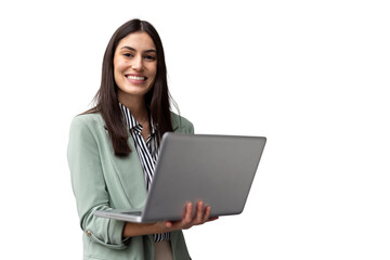 Professional businesswoman smiling, gripping laptop during office work, transparent backdrop enabling seamless digital design integration