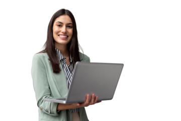 Professional businesswoman smiling, gripping laptop during office work, transparent backdrop enabling seamless digital design integration