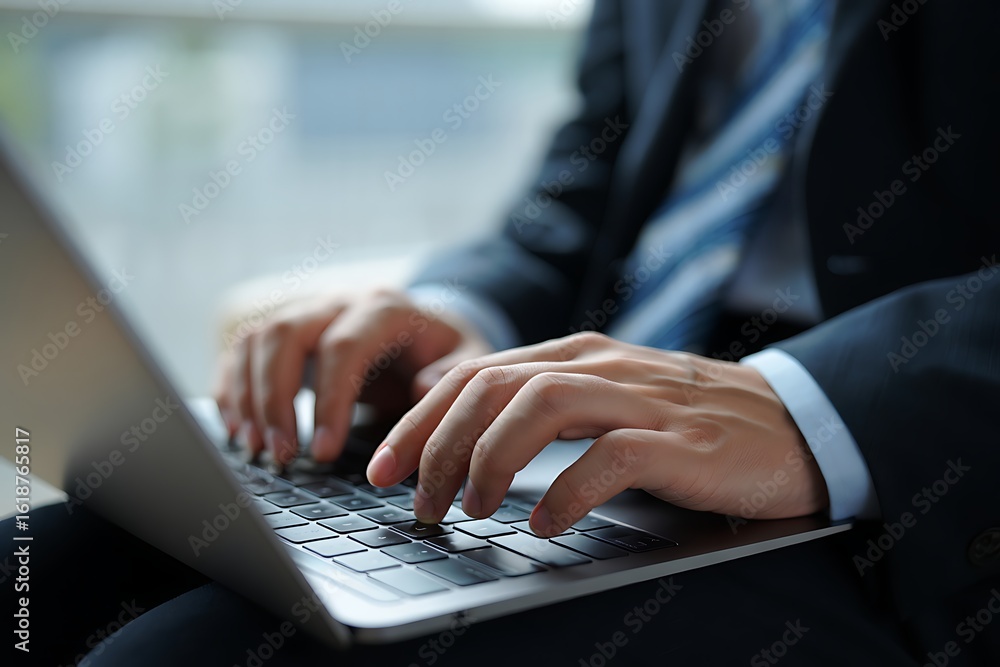 Poster close up of a businessman s hands typing on a laptop keyboard focused on productivity and digital wo