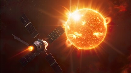 A detailed spaceship or satellite exploring the vibrant sun, capturing its solar flares and radiant energy in the vastness of space.