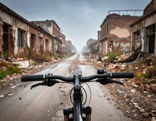 Mountain bike exploring destroyed city after war or disaster