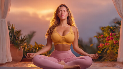 Plus-size woman meditating at sunset on a yoga mat outdoors