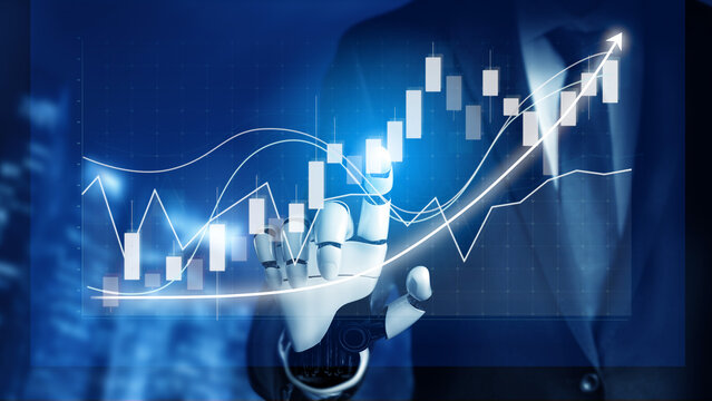 A business professional uses a futuristic interface to manipulate a digital graph displaying significant financial growth, symbolizing innovation and progress. Impute