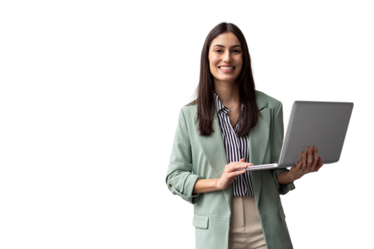 Studio shot featuring a young businesswoman smiling while holding a laptop, set against a transparent background, exuding confidence and professionalism