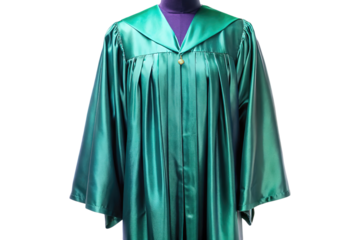 Shimmering emerald green graduation cap and gown ensemble for academic achievement and ceremonial events isolated on transparent background