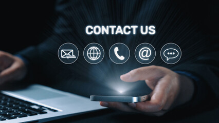 UI concept for contact us section showing icons for email, web, phone, and message. Contact and...