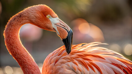 Flamingo's Radiant Grace: A close-up portrait of a vibrant flamingo, showcasing its elegant neck, delicate beak, and striking plumage against a bokeh background of sunlight.