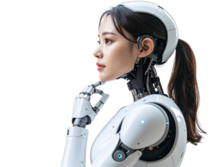 Futuristic AI Robot in a Thoughtful Pose, Side View, Showcasing Advanced Technology,