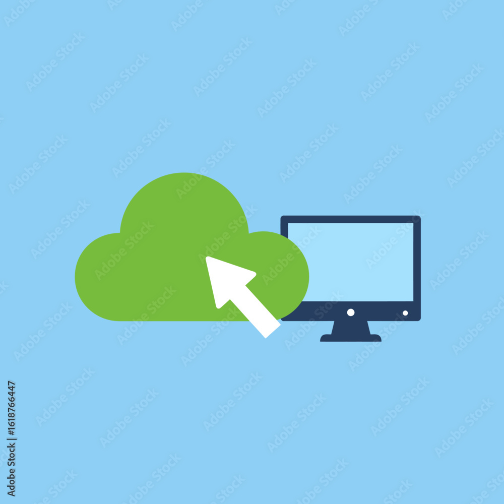 Poster illustration of a green cloud with a white arrow pointing up, next to a desktop computer on a light 