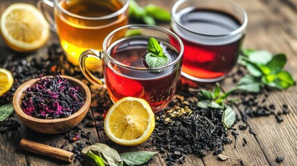 Fototapeta premium Aesthetic Display of Herbal Teas with Fresh Ingredients and Lemons