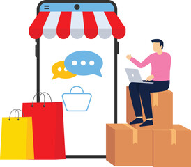 DM or Direct Message Concept for Business. Online Shopping and Digital Marketing Social Selling. Social networks and thoughts about writing direct messages. Flat vector illustration on the background.