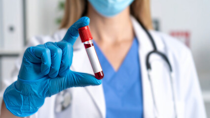 Close-up of female doctor wearing blue gloves and face mask, holding a test tube filled with blood sample in a clinical setting. Concept of medical testing, diagnosis, and healthcare laboratory.