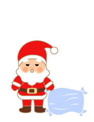 Cute Santa Claus cartoon character holding a soft blue pillow, ready for winter sleep. Flat kawaii style. Cozy Christmas bedtime concept for kids cards, prints, stickers, and designs