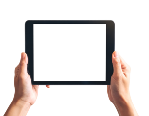 Hands holding a tablet computer with a blank screen isolated on transparent background