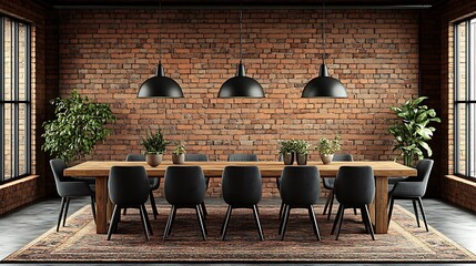 A large, wooden dining table in an industrial-style room.