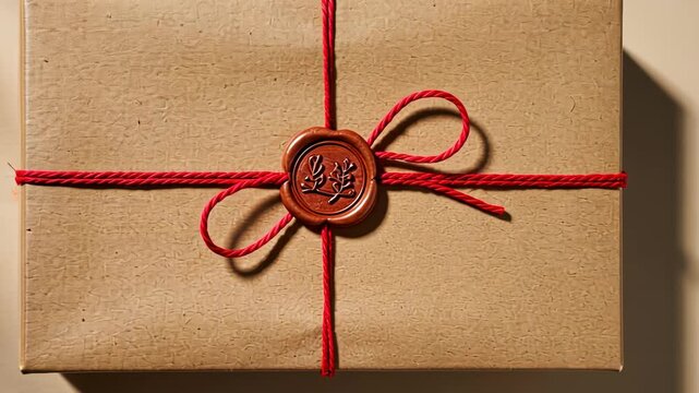 Vintage gift with red twine and wax seal in natural sunlight