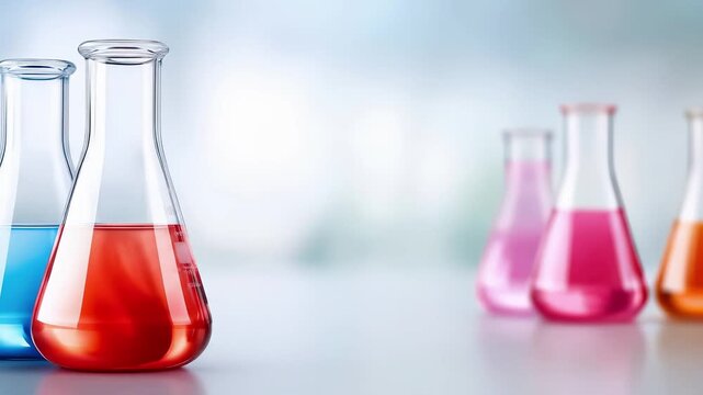 Laboratory glassware with colorful chemical solutions in scientific research environment. Chemistry experiment equipment featuring beakers and flasks filled with blue, red, pink liquids for analysis,