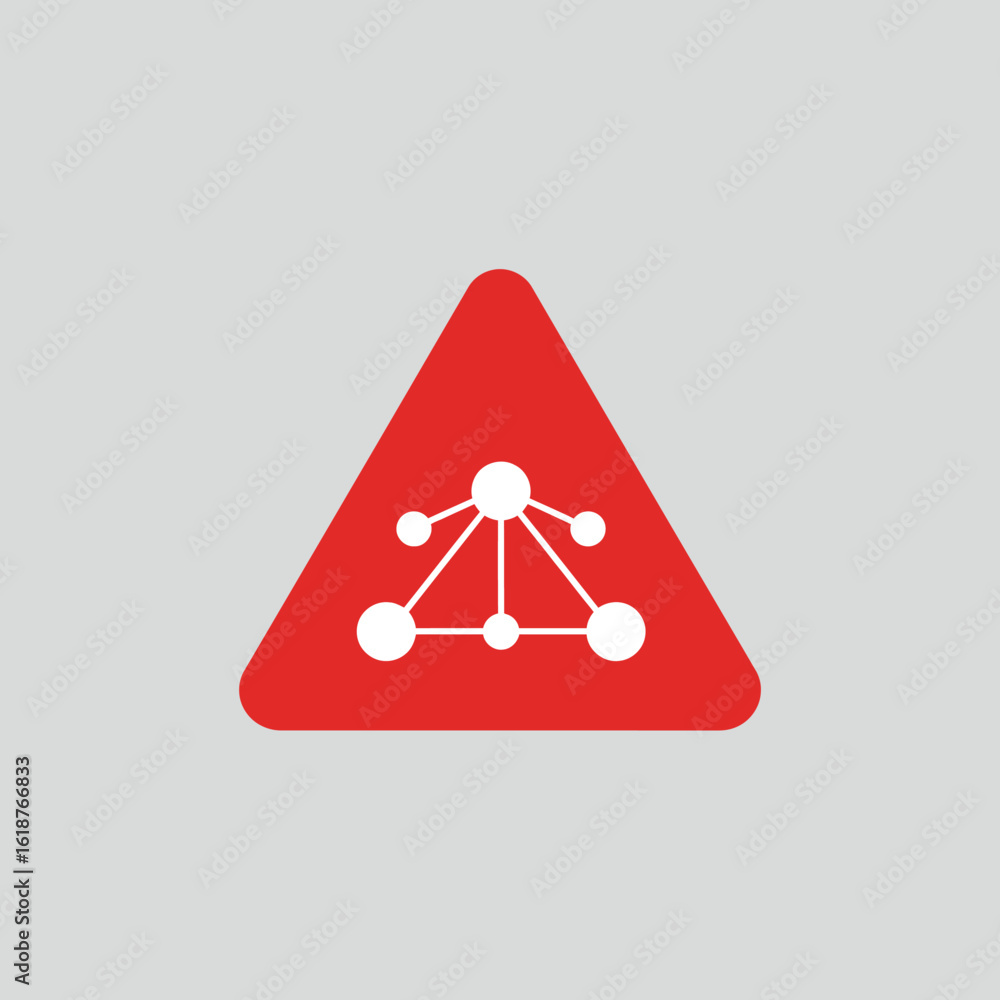 Poster red triangular warning sign featuring a white network or connection symbol, set against a light gray