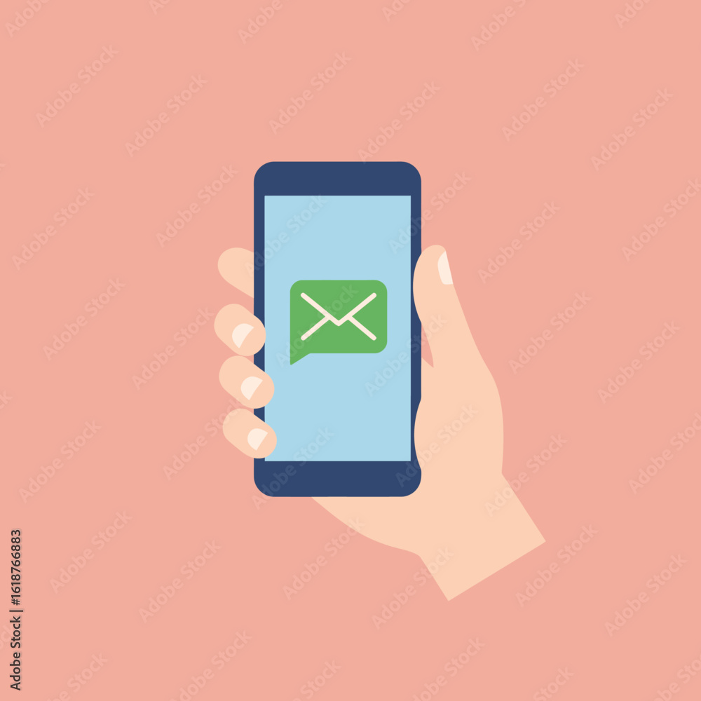 Poster a hand holds a smartphone displaying a green envelope icon, indicating a new message notification on