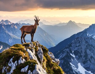 Obraz premium Majestic ibex atop alpine peak at sunset